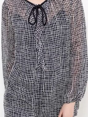 Escada Navy and White Grid Silk Tie-Front Tunic